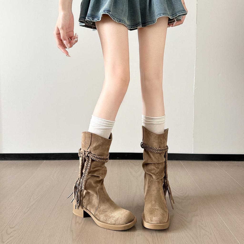 Women's Retro Chunky Heel Tassel Boots - Suede Mid-Calf Ruched Cowboy Style for Autumn/Winter