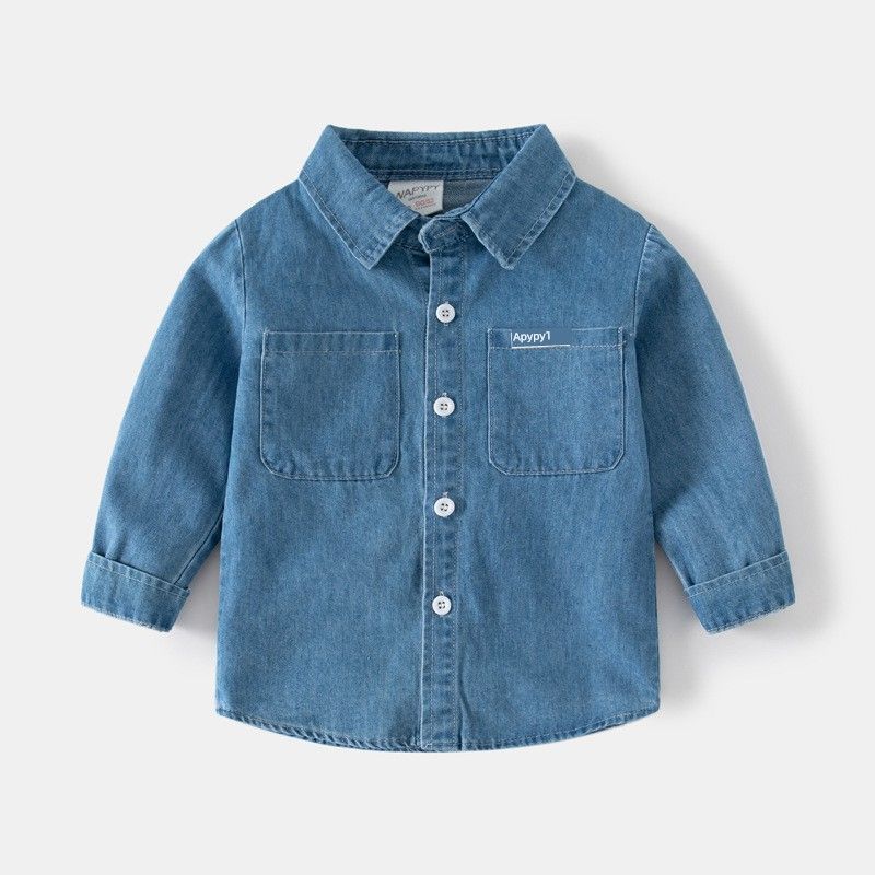 Children's Clothing Spring and Autumn Kids Long Sleeves Shirt Clothes Boys' Denim Shirt Baby Boy Casual Pure Color Square Collar Top