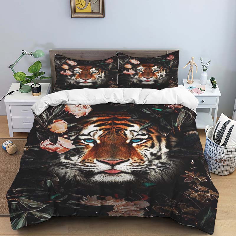 Blue Light Jungle White Tiger Animal Print Bedding Set (3-Piece) - Domineering White Tiger Pattern Duvet Cover and Pillowcase Se