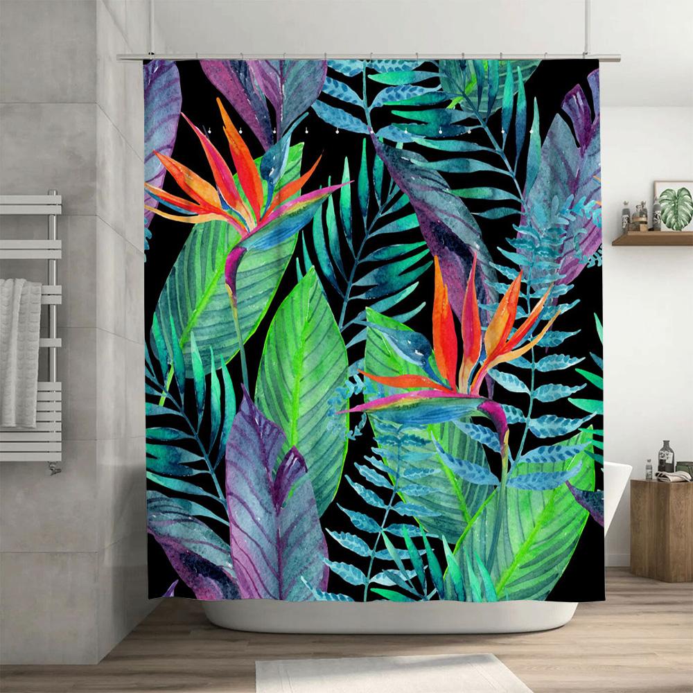 Watercolor Tropical Leaves Bath Shower Curtain 3D Printed Custom Home Decor Artistic Flowers Leaf Print Fabric Waterproof Blacko