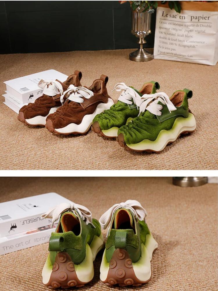 Johnature Chaussures pour femmes Cuir véritable Suede Épissage Semelle épaisse Style sportif Respirant Lacets Chaussures décontractées