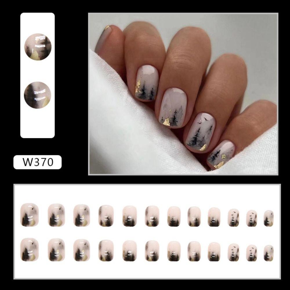 24pcs Detachable Press On Nails DIY False Nails French Short Square Pink Glitter Gold Edge