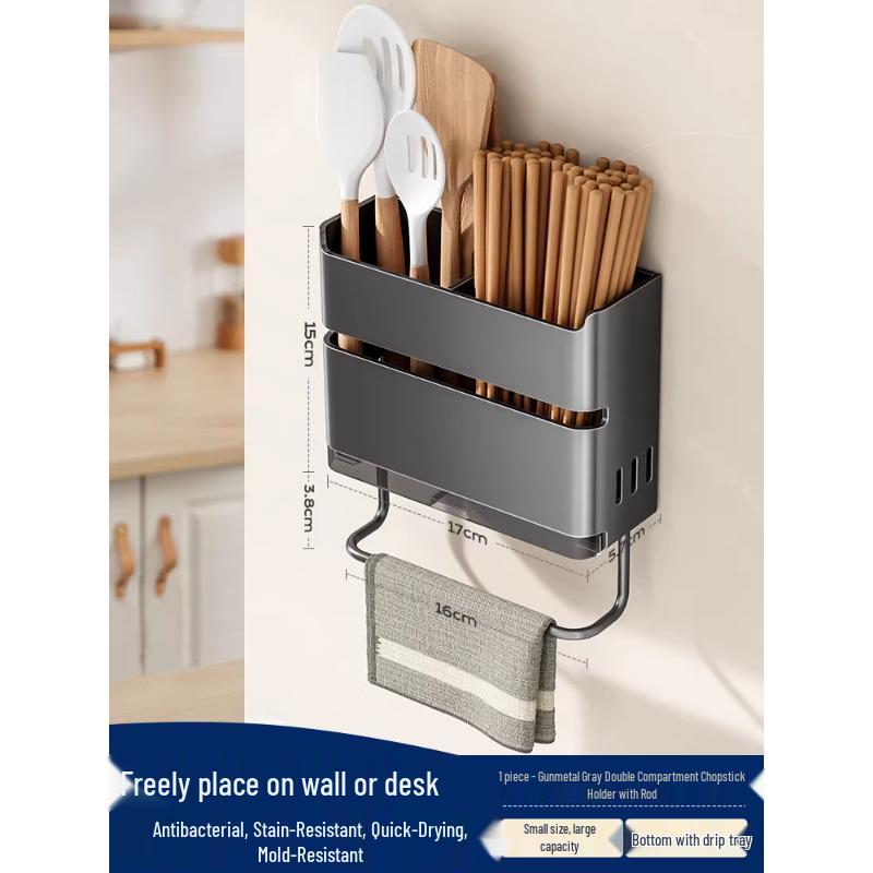 Wall-Mounted Kitchen Chopsticks & Utensil Holder with Draining Basket and Rag Rack