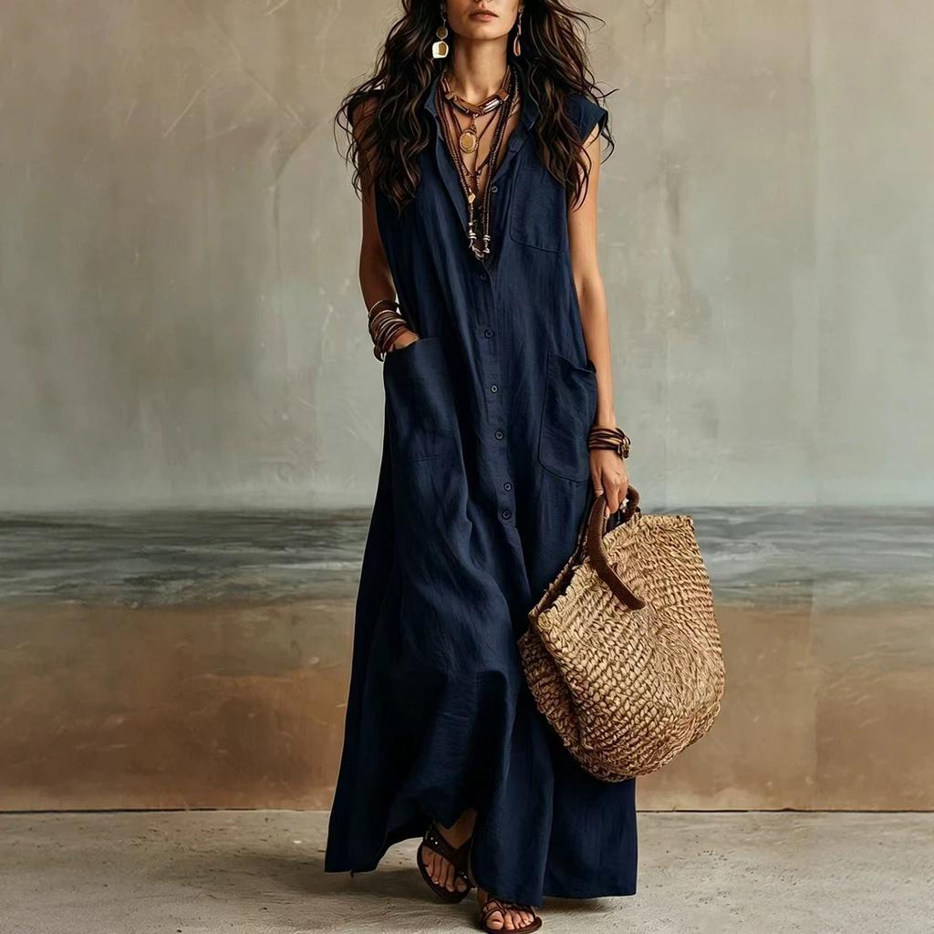 Women Sleeveless Bohemian Button Down Pocket Casual Long Shirt Dress Lightweight Loose Fit Summer Maxi Dress