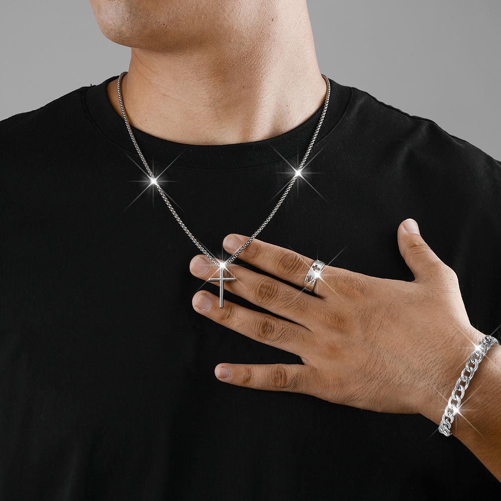 3 Piece Men Fashion Personality Simple Black Stainless Steel Non Fading Cross Necklace Ring Bracelet Set Accessories