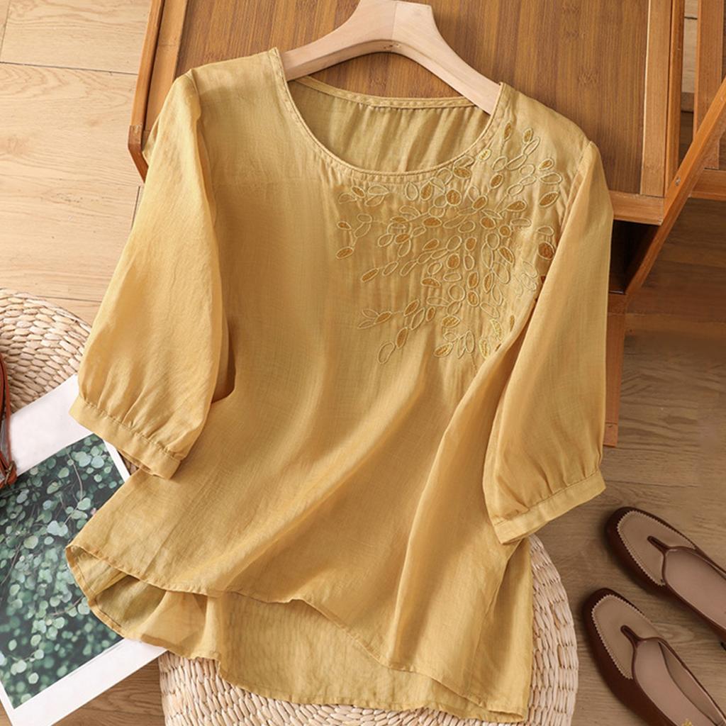 Women's Solid Color Cotton And Linen Short-sleeved Embroidered Retro Breathable T-shirt Round Neck Top