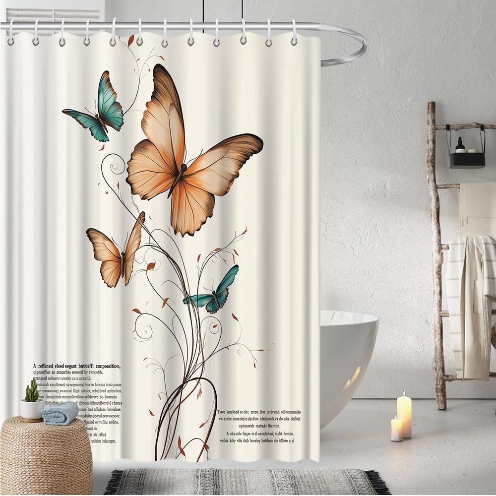 

Orange & Blue Butterfly Curtain, Floral Patterns, Fade-Resistant, 12 Hooks, All-Season Bath Decor W90xH180cm