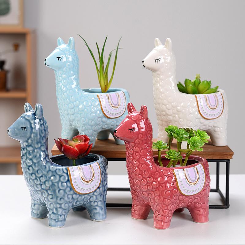 Ceramic Alpaca Flower Pot European Style Cute Fleshy Nordic Home Decoration Cartoon Animal Plant Macetas Balcony Decorations