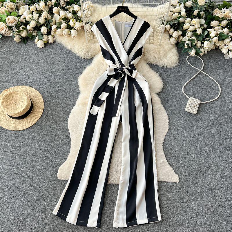 

Lightly Mature Retro Fashion V Neck Stripes Jumpsuit Black XL