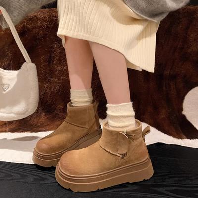 Chaussures Femme Mode 2024 Bottes Femme à Enfiler Hiver Bout Rond Uni Flocage Peluche Chaud Talon Moyen Imperméable Bottes de Neige Simples