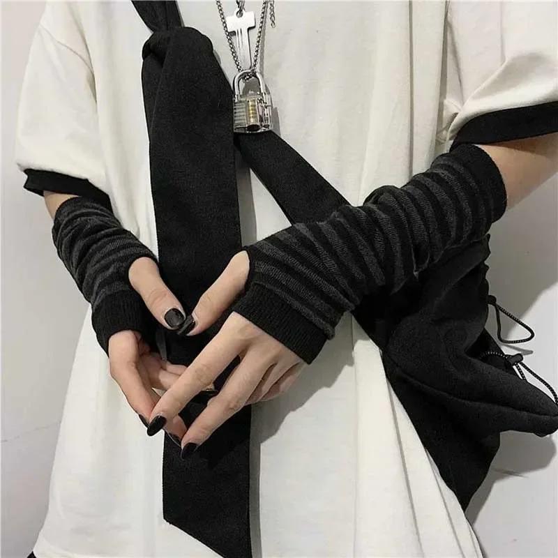 Women Men Gothic Lolita Glove Arm Cover Harajuku Arm Warmers Striped Fingerless Punk Long Wristband Fashion  Girls Gloves