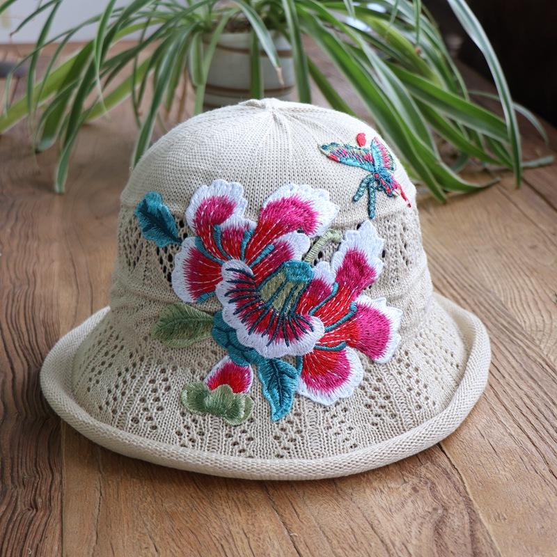 Vår og sommer etnisk vind broderi blomst sammenleggbar hatt dame strikkelue sandbøttehatt