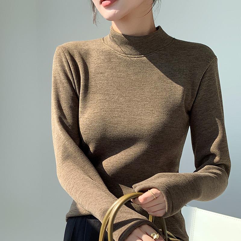 Damen Herbst- und Winter-Basisshirt mit halbohem Kragen, schlank geschnitten, fleecegefüttert, verdickt, winddicht, warm, langärmeliges Oberteil