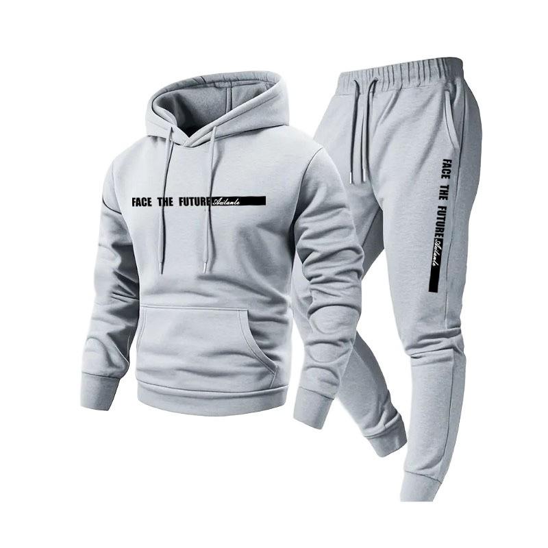 Mens Casual Hooded Sweatshirt Set With Letter Print Fleece-Lined Top Pants Winter Streetwear