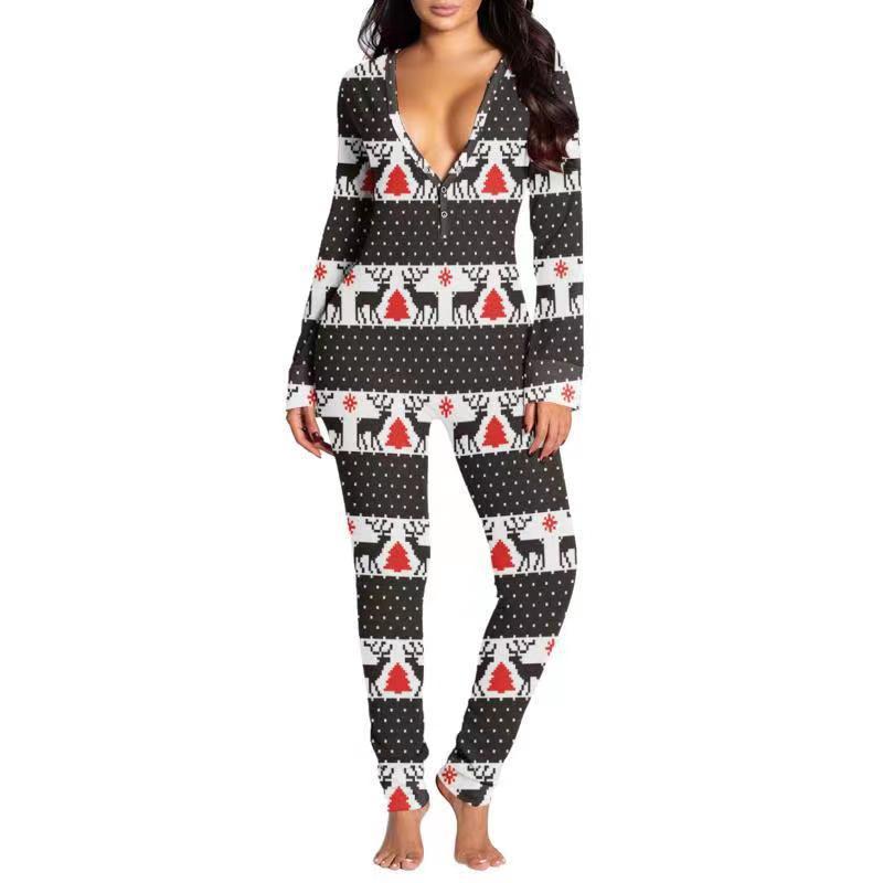 2023 Europäischer & Amerikanischer Weihnachten Langarm Knopfleiste Bedruckter Erwachsenen Jumpsuit
