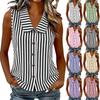 Top da donna casual senza maniche con colletto e stampa a righe tinte in filo