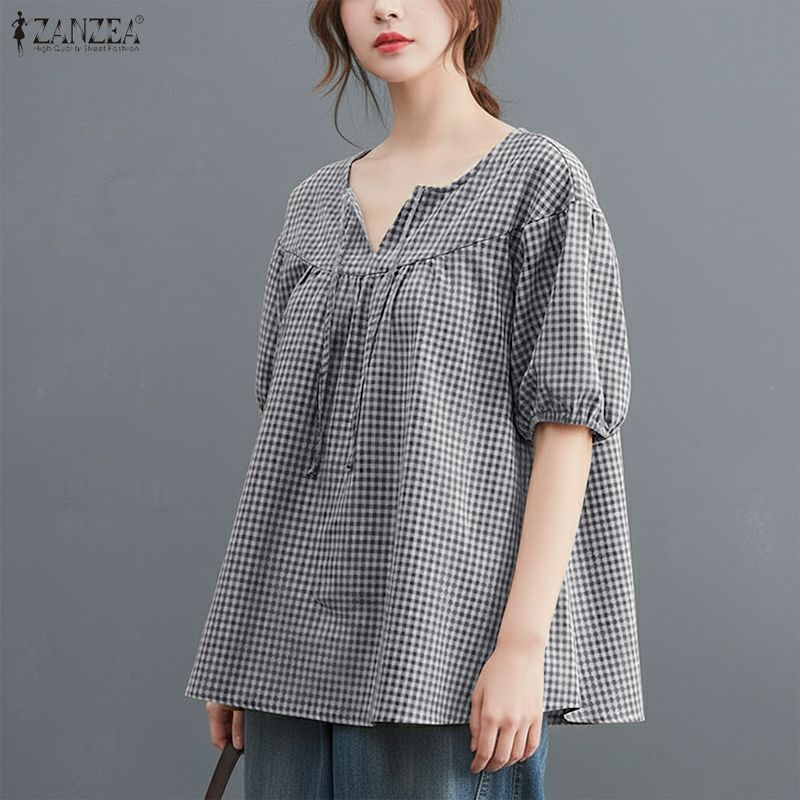 ZANZEA Women Plaid Print Casual Round Neck Half Sleeve Blouse