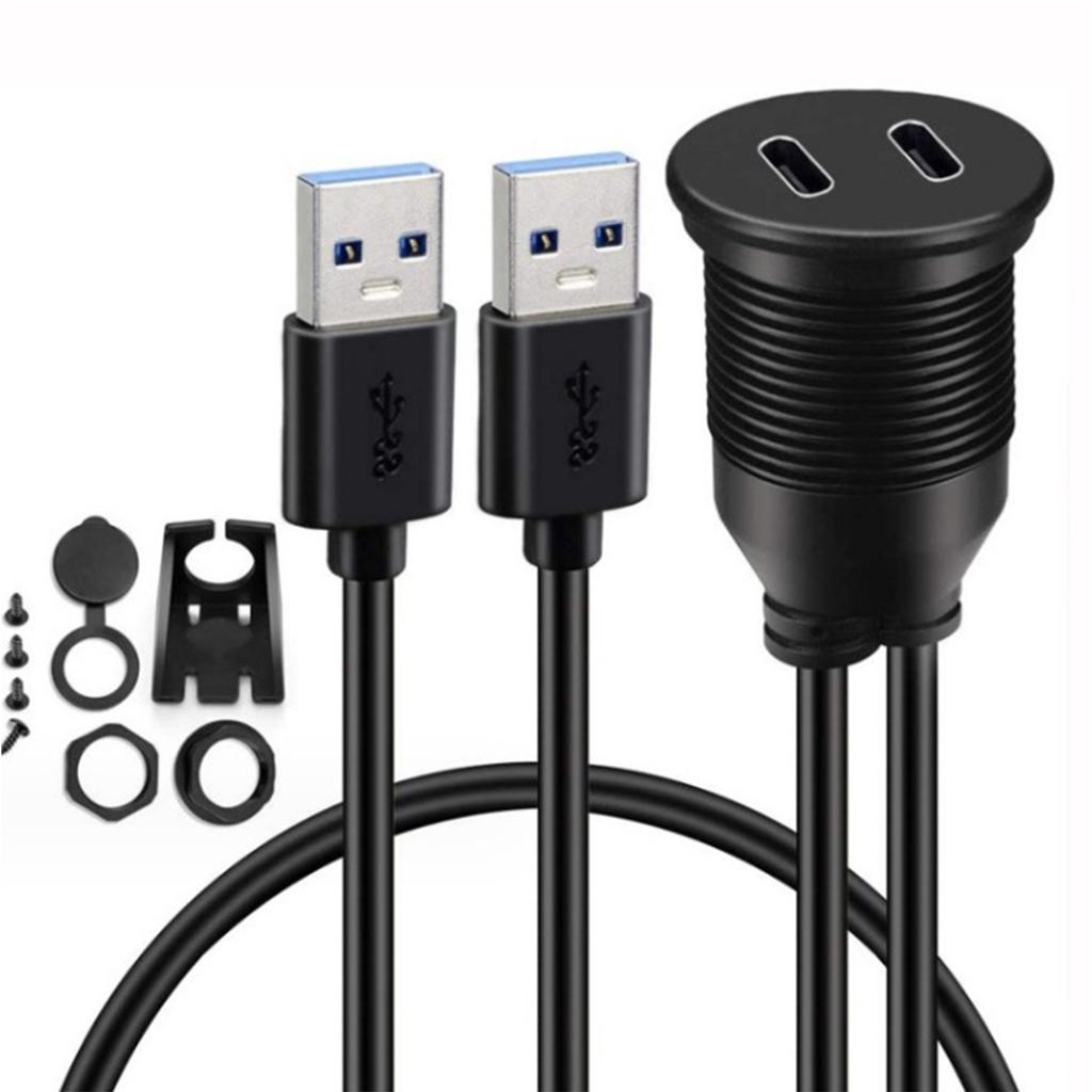 Double USB 3.0 To Double Type C Chargers for Multiple Devices Waterproof Extension Cable Panel Mount for Secure Vehicle Use