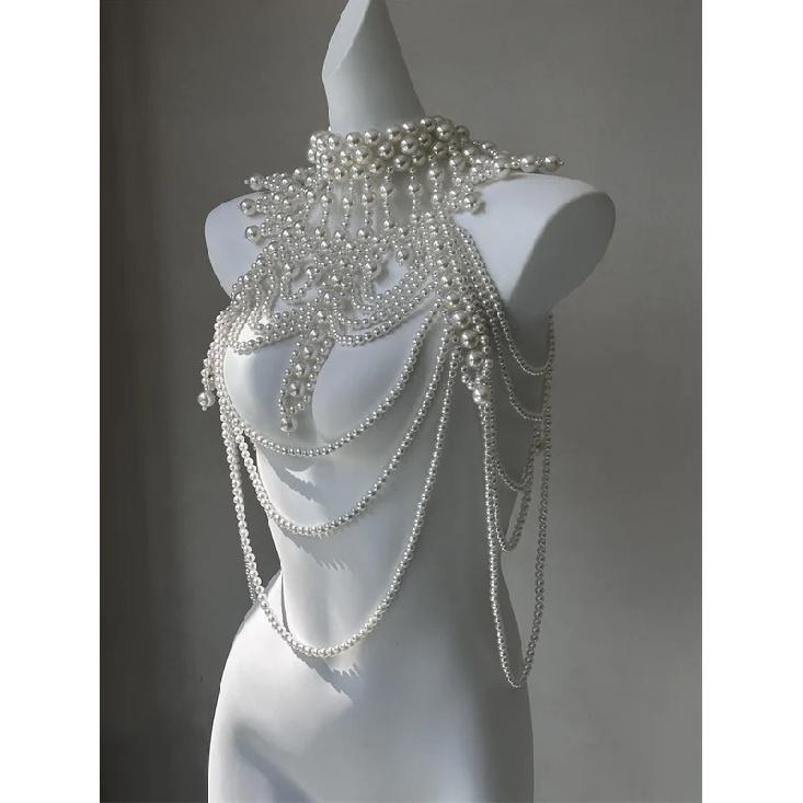 Sexy Damen Perlen Körperkette BH Verstellbare Größe Schal Halsketten Kragen Schulter Mode Oberteile Kettenhalsketten Körperschmuck
