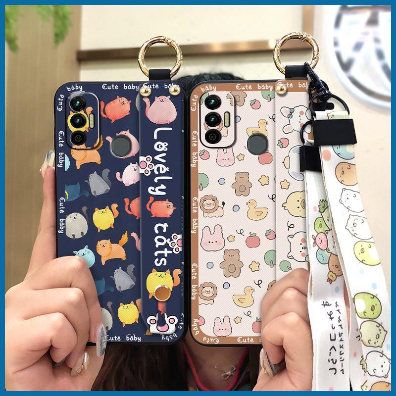 Silicone Anti-knock Phone Case For Tecno Spark 7/Spark7T Anti-dust Wrist Strap Cartoon Phone Holder Fashion Design Ring