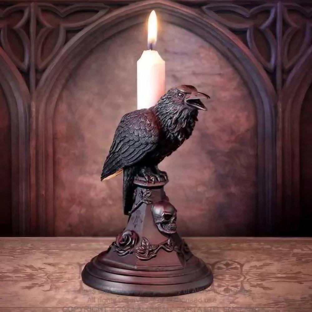 Halloween Gothic Style Owl Raven Candle Holder Craft Tabletop Ornament Halloween Candle Holder Candle Holders Decor for Table