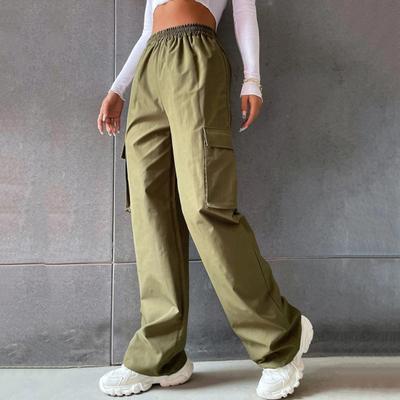 Calça cargo feminina, cintura elástica, perna larga, cor sólida, casual, jogger, moletom com bolso lateral