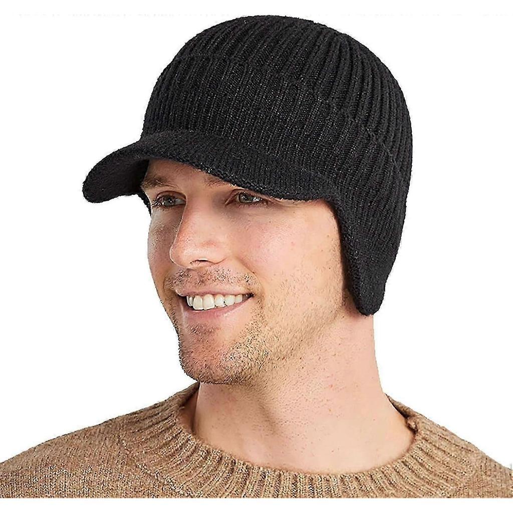 Winter Visor Beanie Hat with Earflaps for Men Warm Fleece Lined Knit Baseball Cap Ski Hat