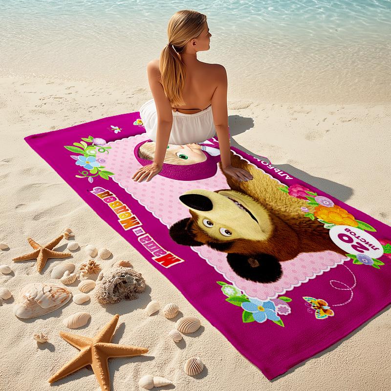 Fairy Tale Cute Cartoon Masha and the Bear Beach Towel, Outdoor Camping Beach Towel for Vacation Swimming, Outdoor Pool, Absorbent Bath Towel, H8