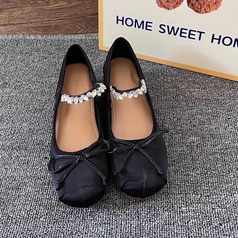 Sheepskin version small man inner height increase 5cm ballet shoes women's spring and autumn rhinestone bow light mouth satin shoes