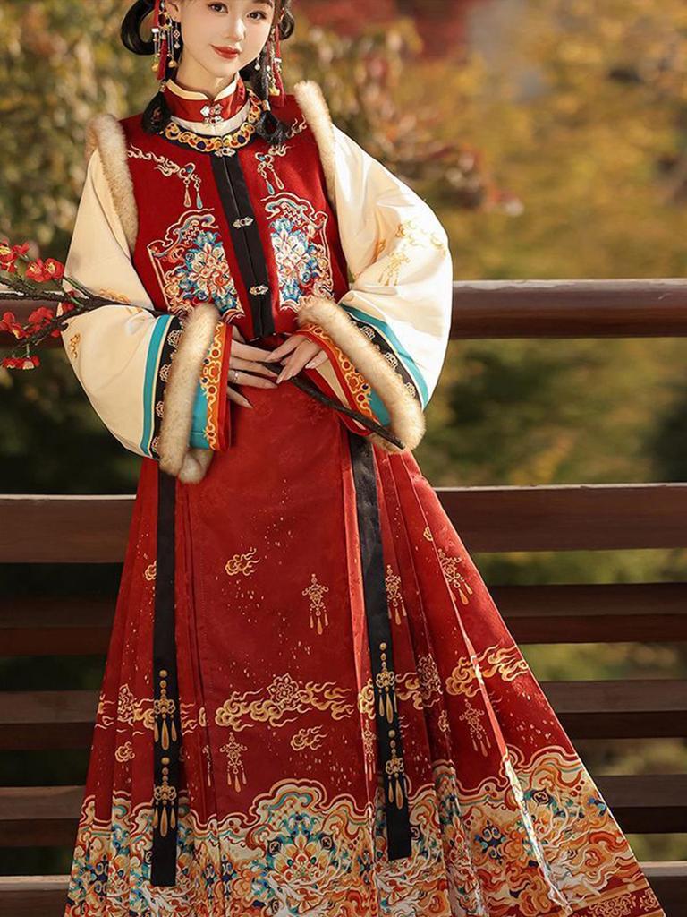Ming Dynasty-Inspired Hanfu Women's Embroidered Bijiya Stand Collar Mamian Skirt with Velvet - Autumn/Winter Set