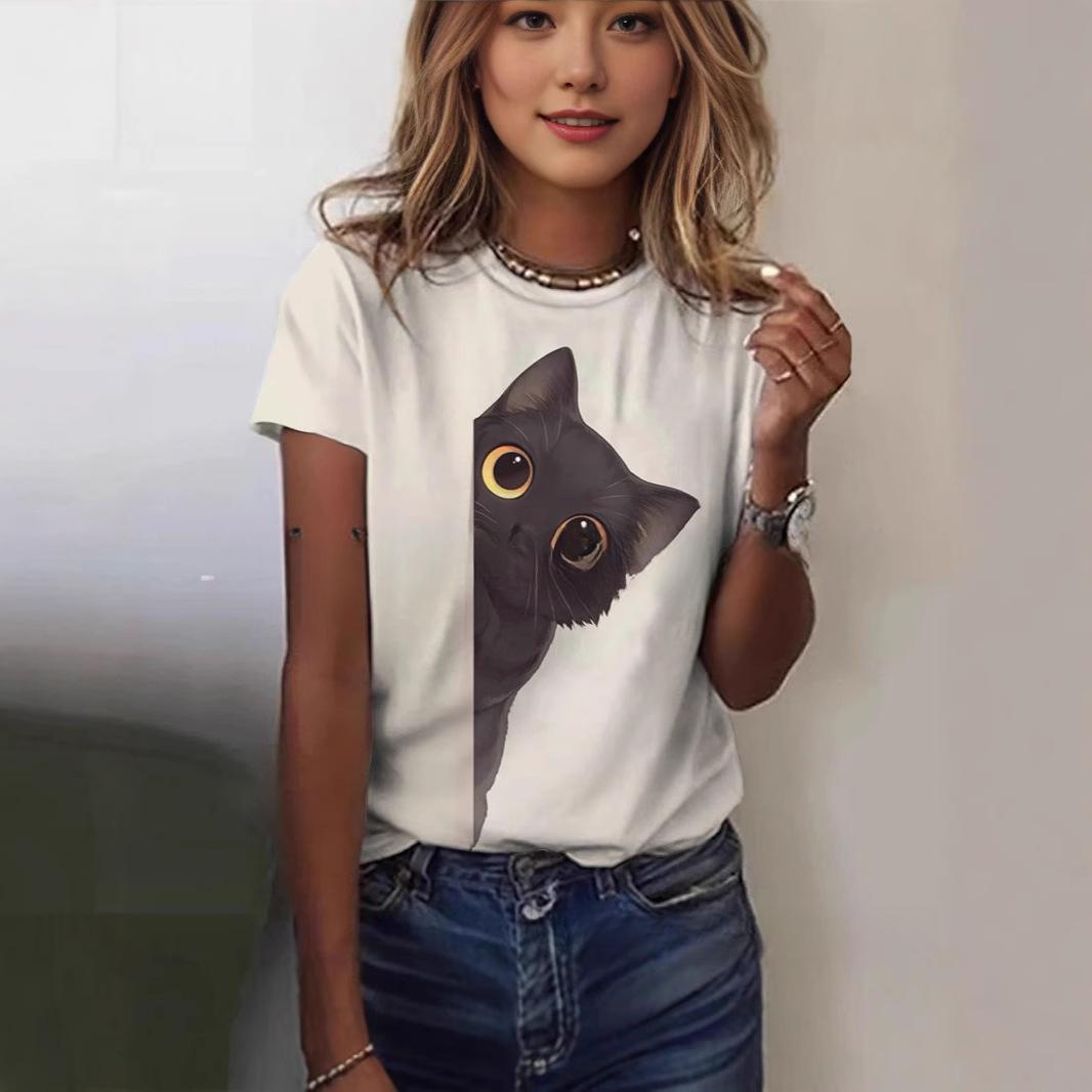 

Новая повседневная женская футболка с коротким рукавом и круглым вырезом с 3D-принтом, свободная футболка с котом 6XL