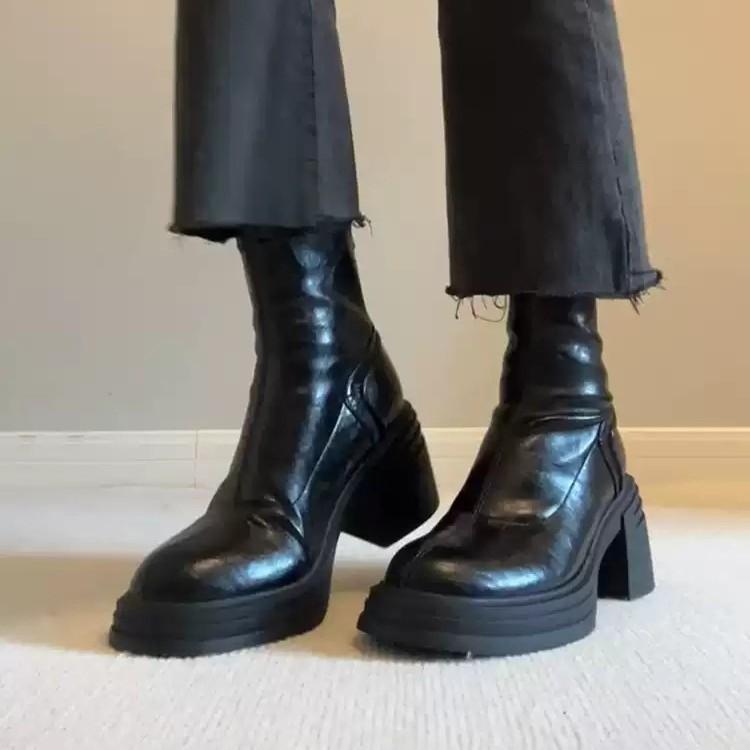 Cowhide Version~ Brown Retro Leather Thick-soled Heightening Martin Boots Women's Simple Rear Zipper Thick Heel Retro Thin Boots