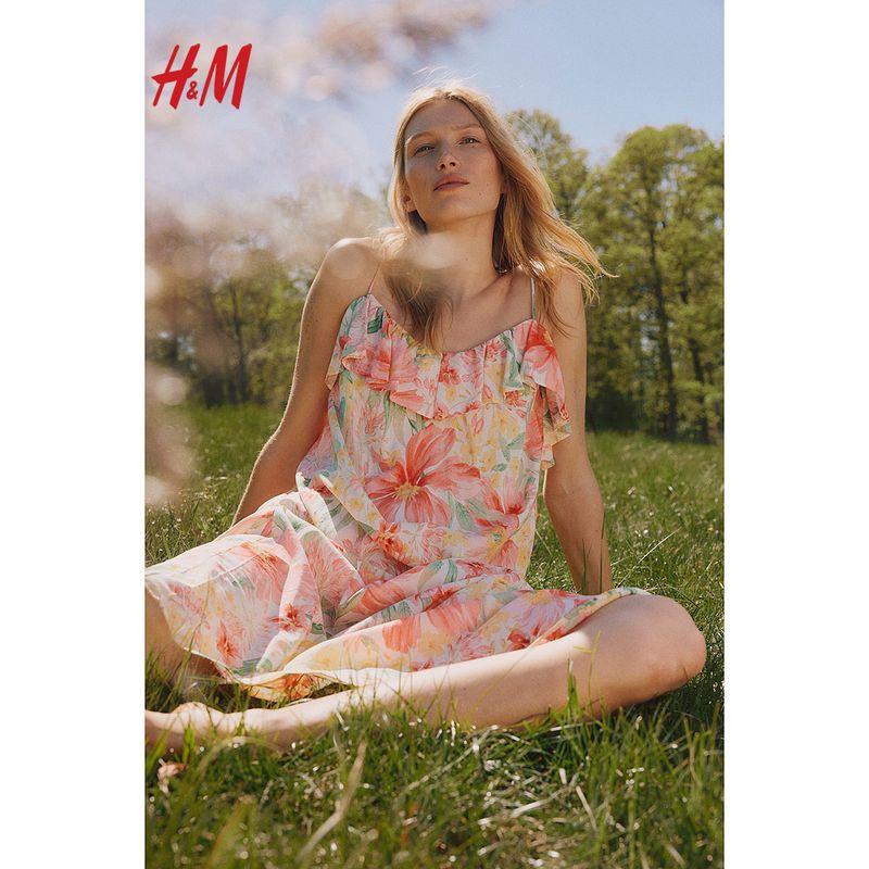 

HM Women s Clothing Dress Summer V Neck Loose Print Sling Vacation Style Pleated Midi Dress Dress 1234153 Pink/Florals 165/96(M)