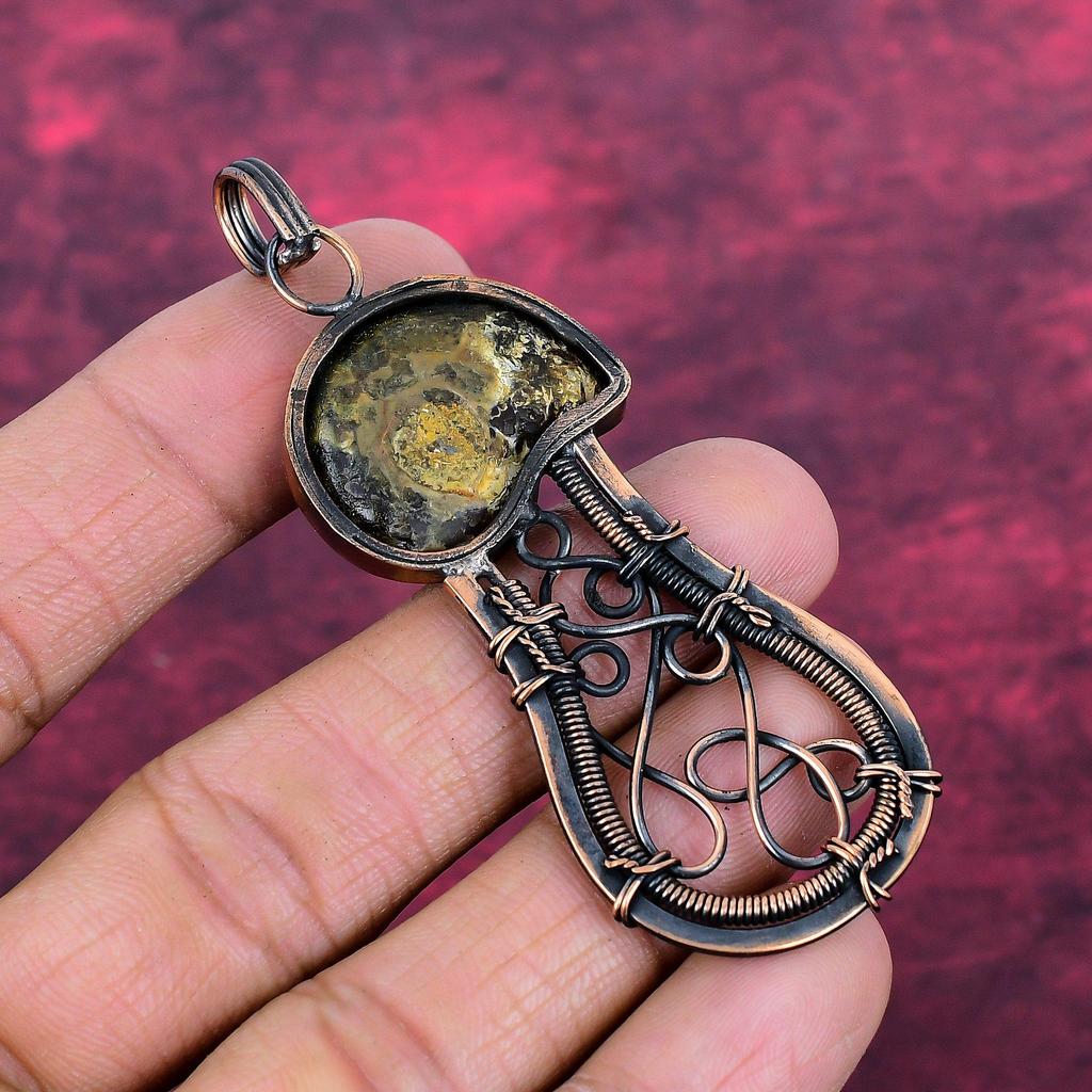 Ammonite Fossil Gemstone Pendant Handmade Copper Wire Wrapped Designer Jewelry