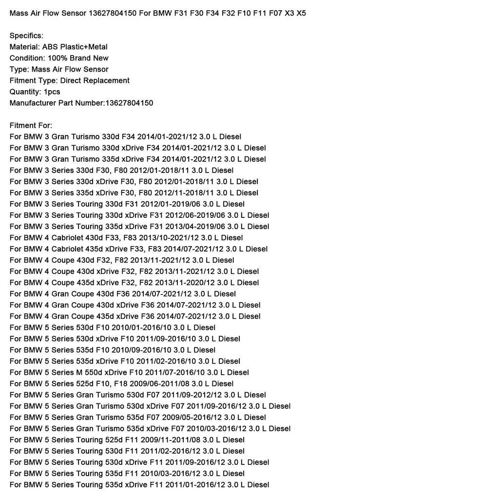Mass Air Flow Sensor 13627804150 For BMW F31 F30 F34 F32 F10 F11 F07 X3 X5