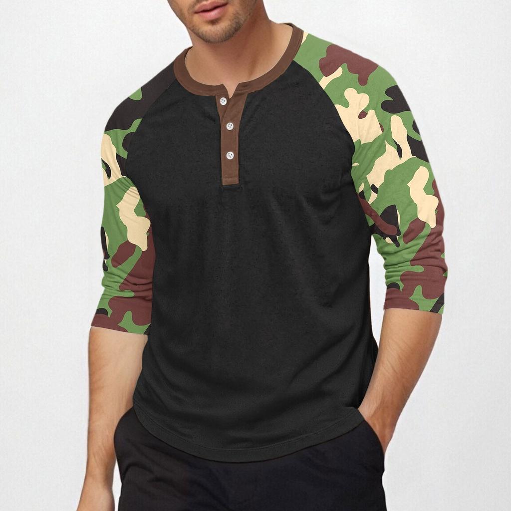 Men's Top with Three-quarter Sleeves and Camouflage Print