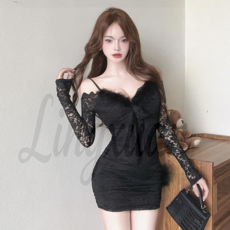 

Patchwork Fur Collar Off-the-Shoulder High Waist Slimming Dress Small чёрный