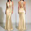 Women's Halter Neck Satin Evening Gown with Low Back and Draped Cowl Neck Sleeveless Formal Long Dress for Special Occasions