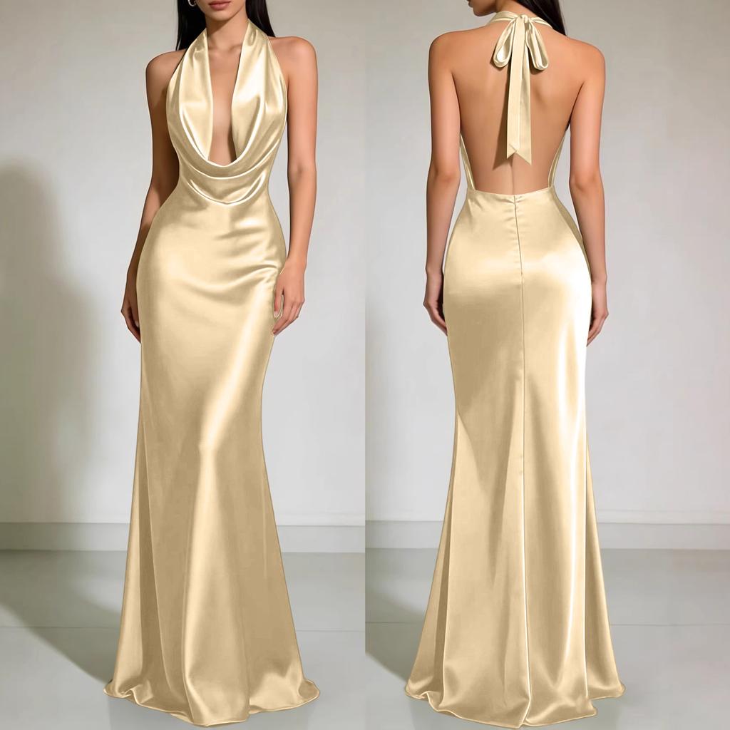 Women's Halter Neck Satin Evening Gown with Low Back and Draped Cowl Neck Sleeveless Formal Long Dress for Special Occasions