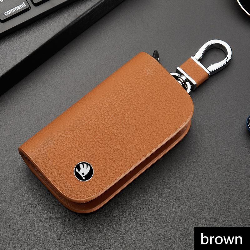 Genuine Leather Key Case Zipper Key Cover Car Accessories Tools for Skoda RS Rapid Yeti Karoq Vision Octavia Kodiaq Kamiq Fabia BI7