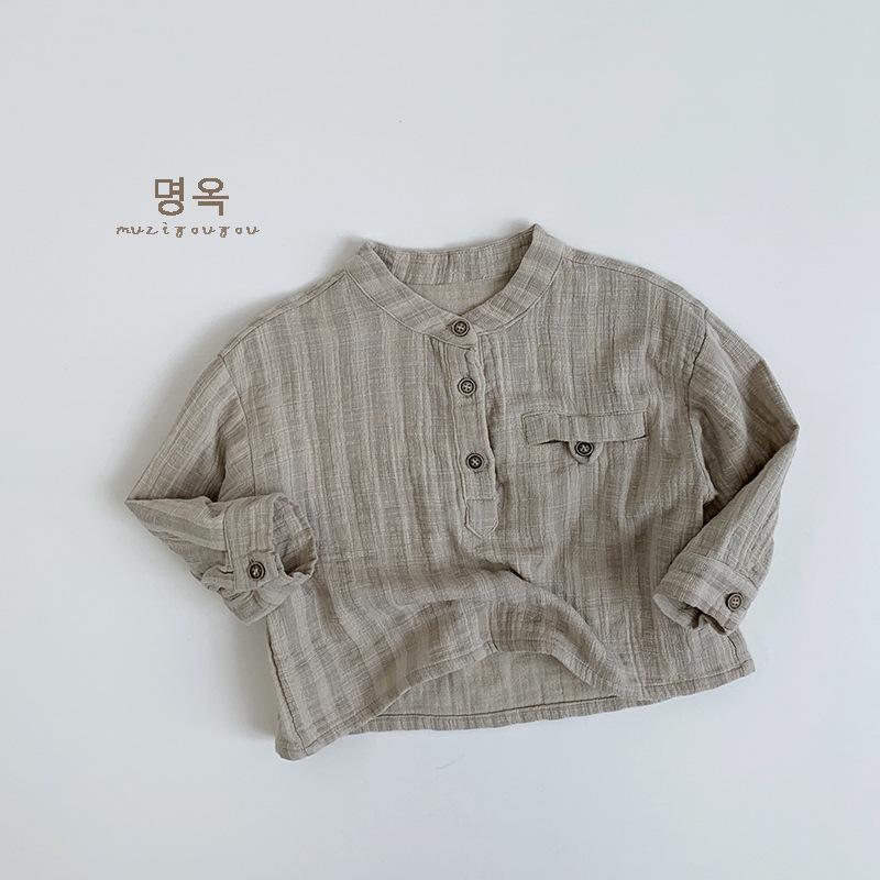 Unisex Kids Casual Vertical Striped Plaid Stand Collar Long Sleeve Children Shirt