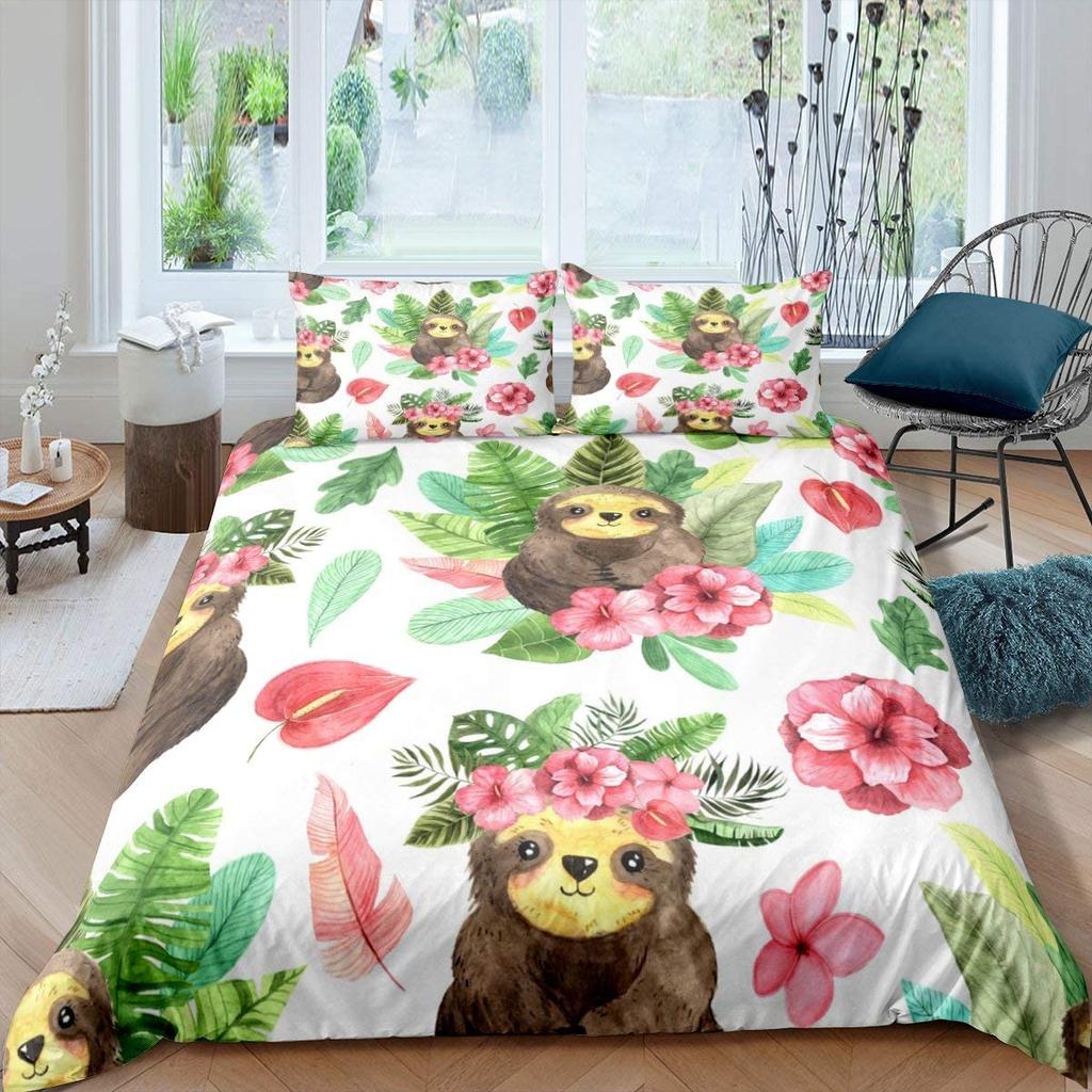 Kids Sloth Duvet Cover Set Queen King Size, Cute Animal Pattern Polyester Comforter Cover, Branches Winter Theme For Boys Girls