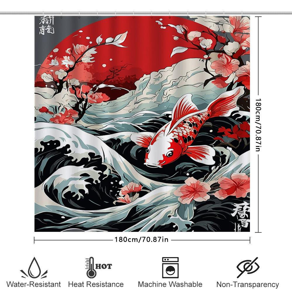 Japanese Red Fish Bath Curtainfloral Print Waterproof Shower Room Decor, Modern Style Home Decoration Wall Hanging Bathroom Cove