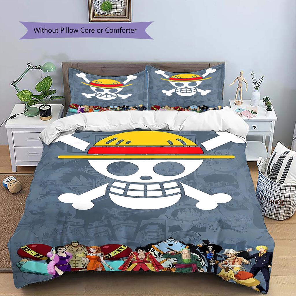 Anime Pirate Adventure Pattern Bedding Quilt Set Quilt Cover Pillowcase Home Decoration Birthday Gift (1 * Duvet Cover + 2 * Pillowcase, Without Core)