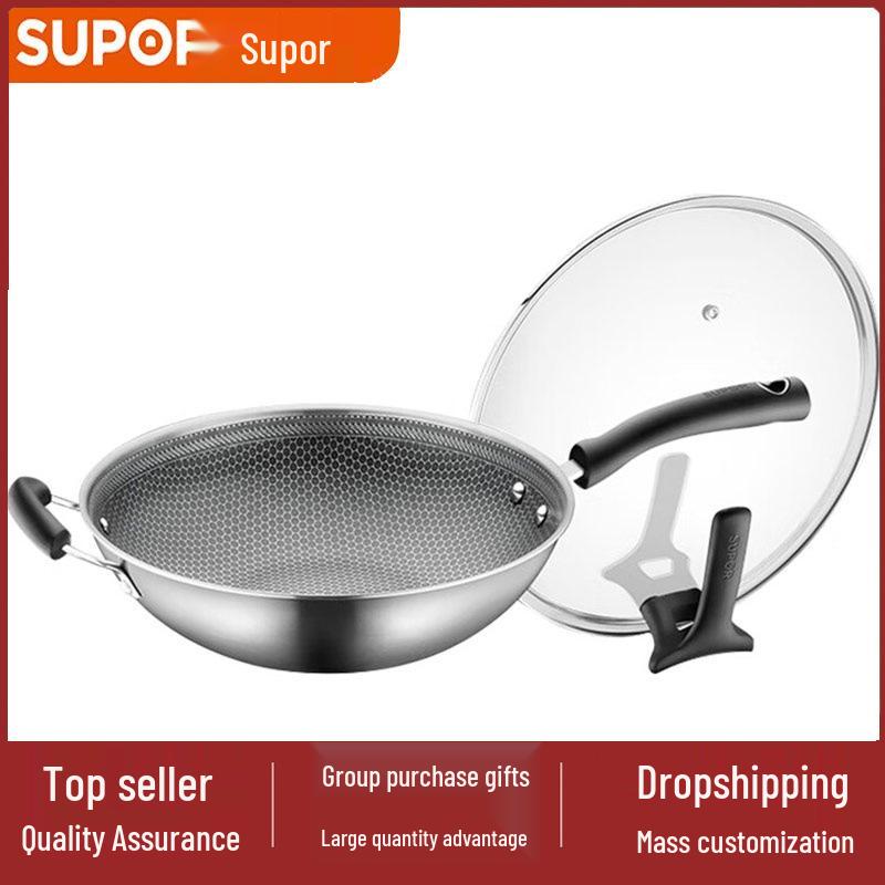 

Supor Honeycomb Non-stick 316 Stainless Steel Wok with Large Spoon 30cm Upgrade Thickened with Standable Lid