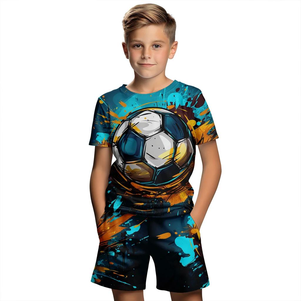 New 3D Football Printed Children's Sleeved Shorts Set Children's 2-piece Set Outdoor Casual Set