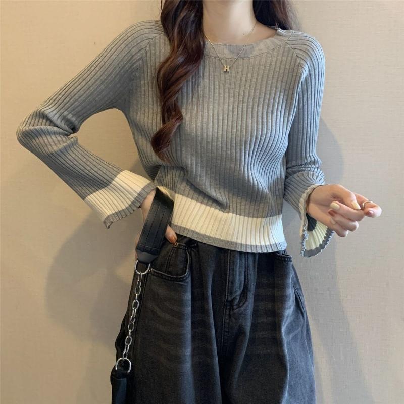 Short Knitted Base Layer Shirt for Women, New Design Sense for Autumn and Winter, Long-sleeved T-shirt, Short Top for Petite People