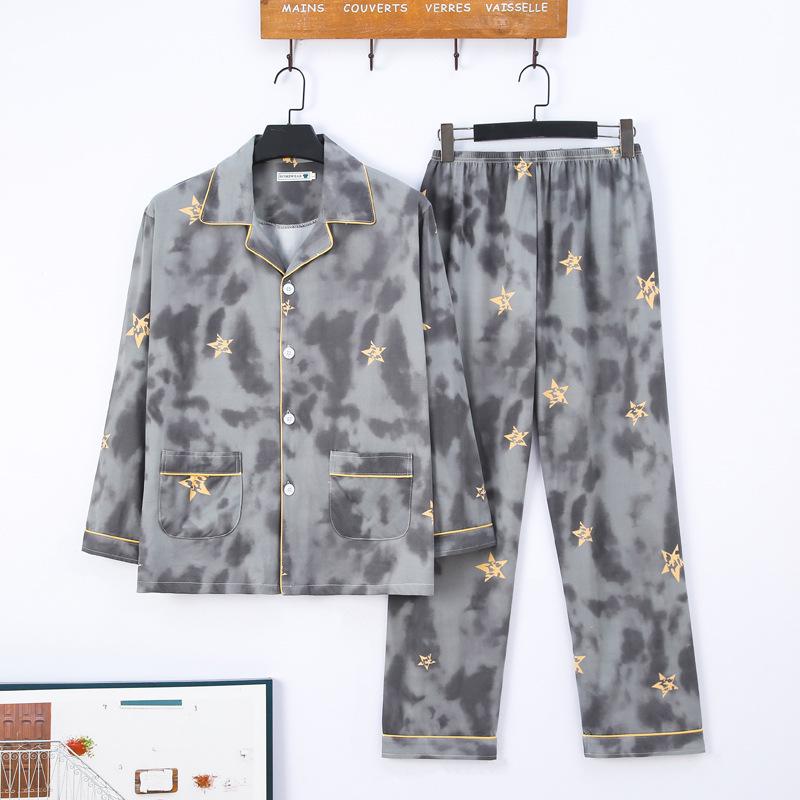 Men's Printed Long Sleeve Knit Cotton Pajama Set with Cardigan Lapel for Spring, Autumn, Winter