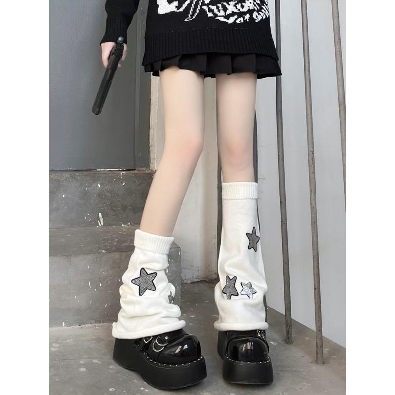 Girls Lolitas Leg Warmers Y2K Star Knitted Flared Leg Sleeves Goth Baggy Cuffs Ankle Heap Socks JK Uniform Foot Cover
