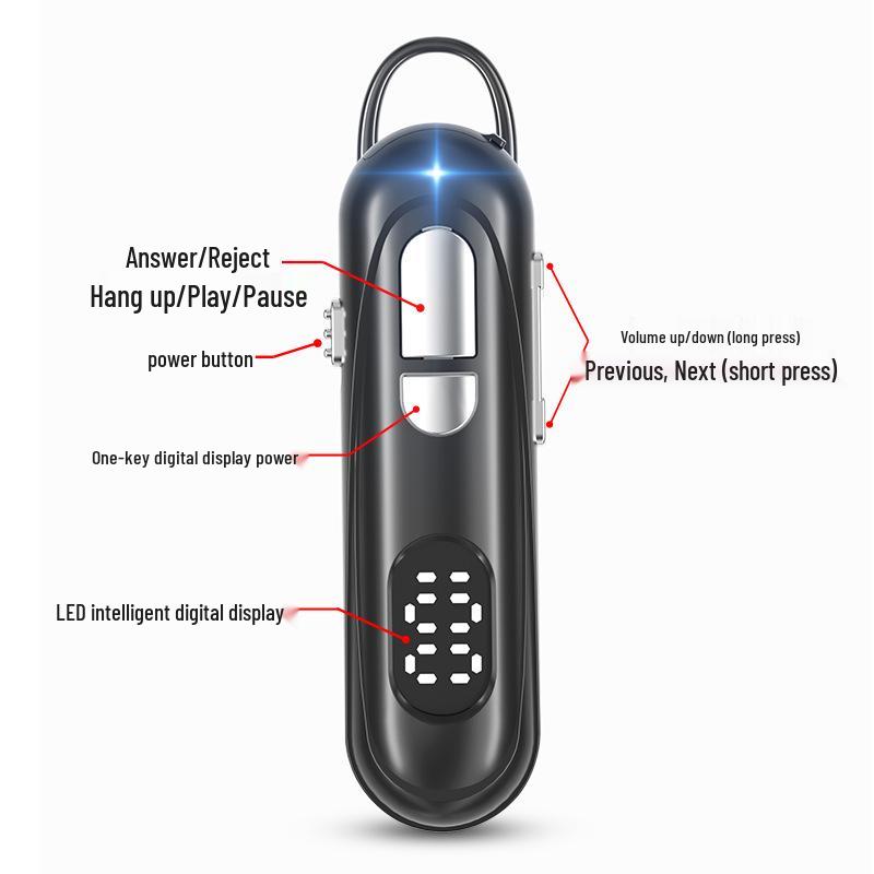 New Wireless Single Ear Bluetooth Headset with Digital Display and Ear Hook, Long Standby, Universal Compatibility.